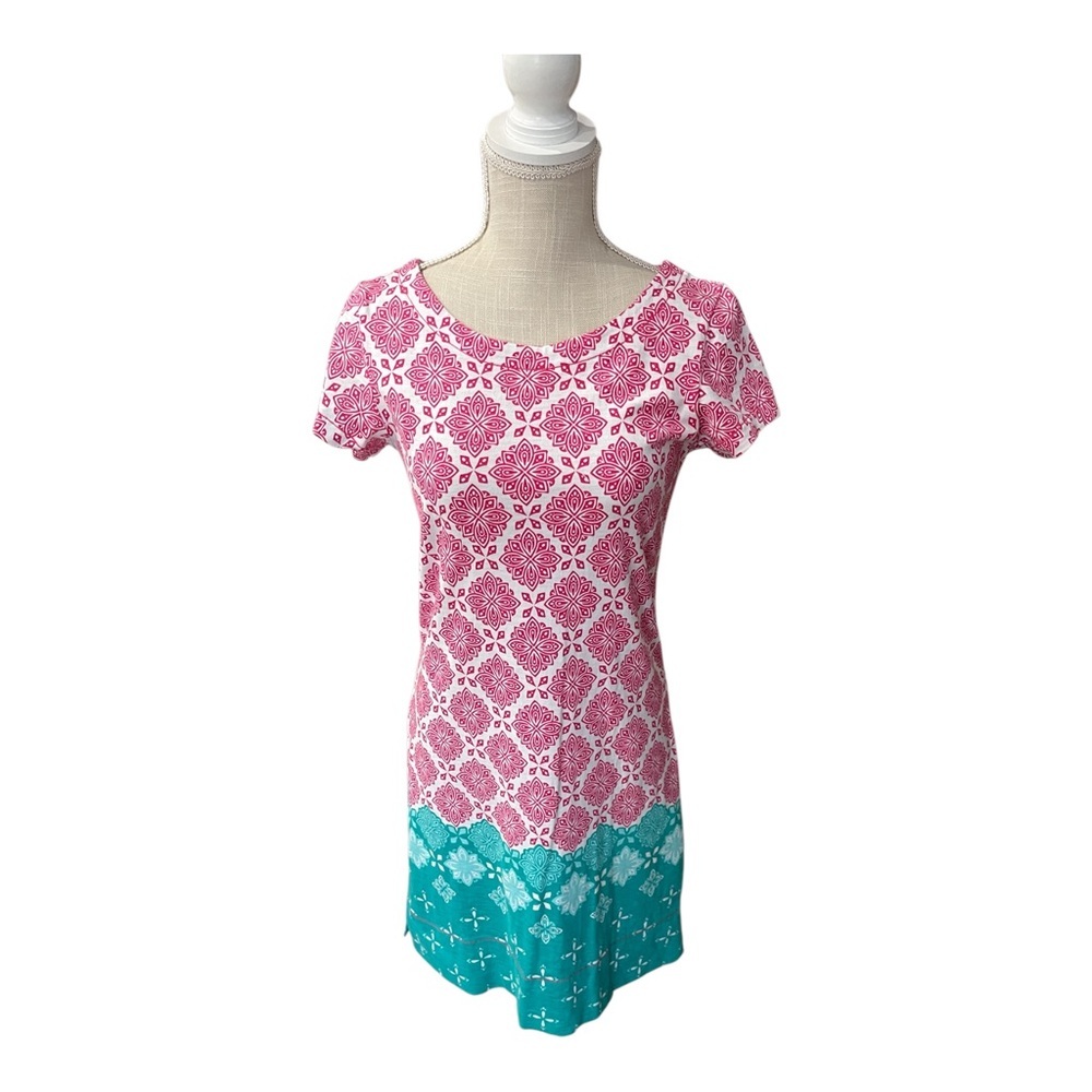 Hatley Nellie Cotton Short Sleeve Knee Length Pink Teal Dress Women’s Size Small